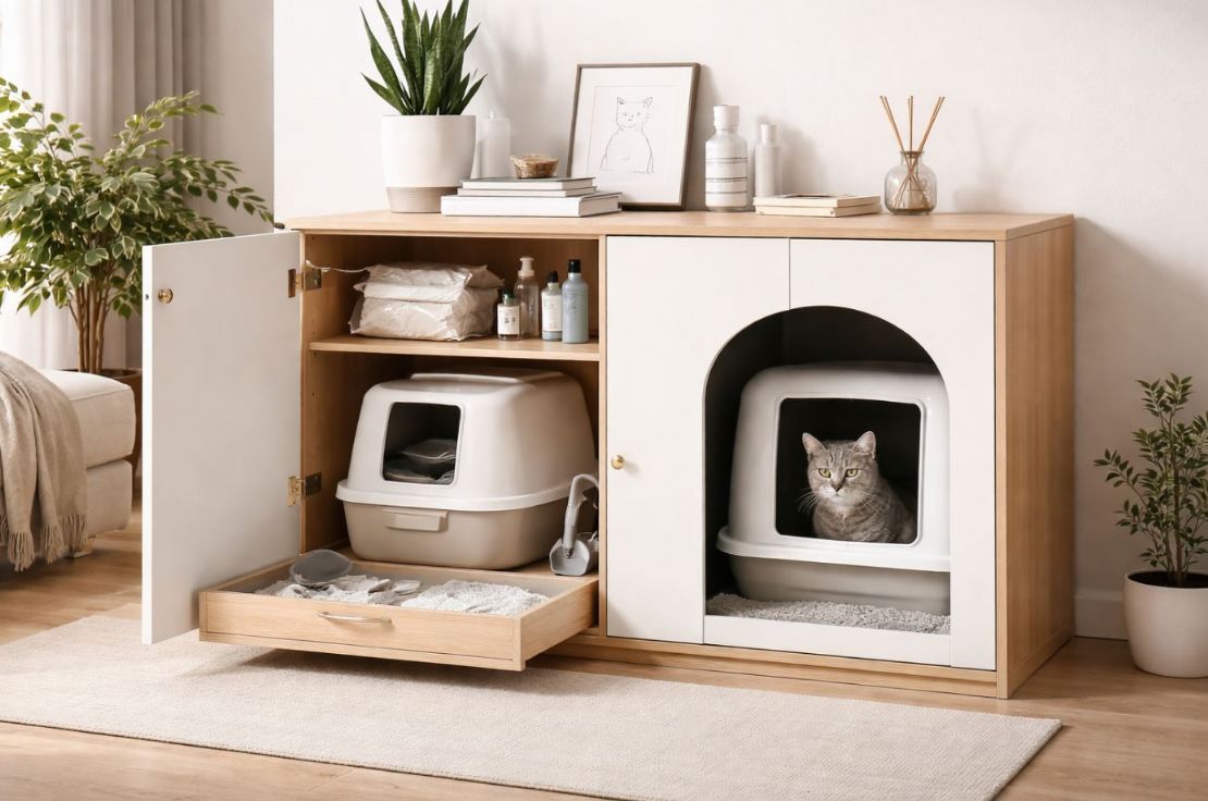 貓砂盆總是臭又亂？結合收納櫃設計，打造清爽無味的貓咪空間